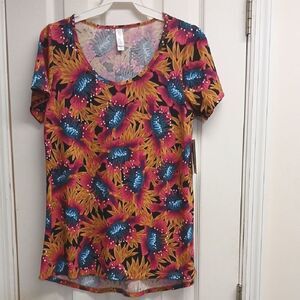 LuLa Roe Floral Print Women's Top XS Orange, Blue, White, Black Gold "Classic T"